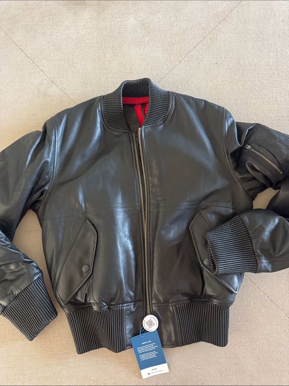 VLONE Black Leather Bomber Jacket with Red Lining